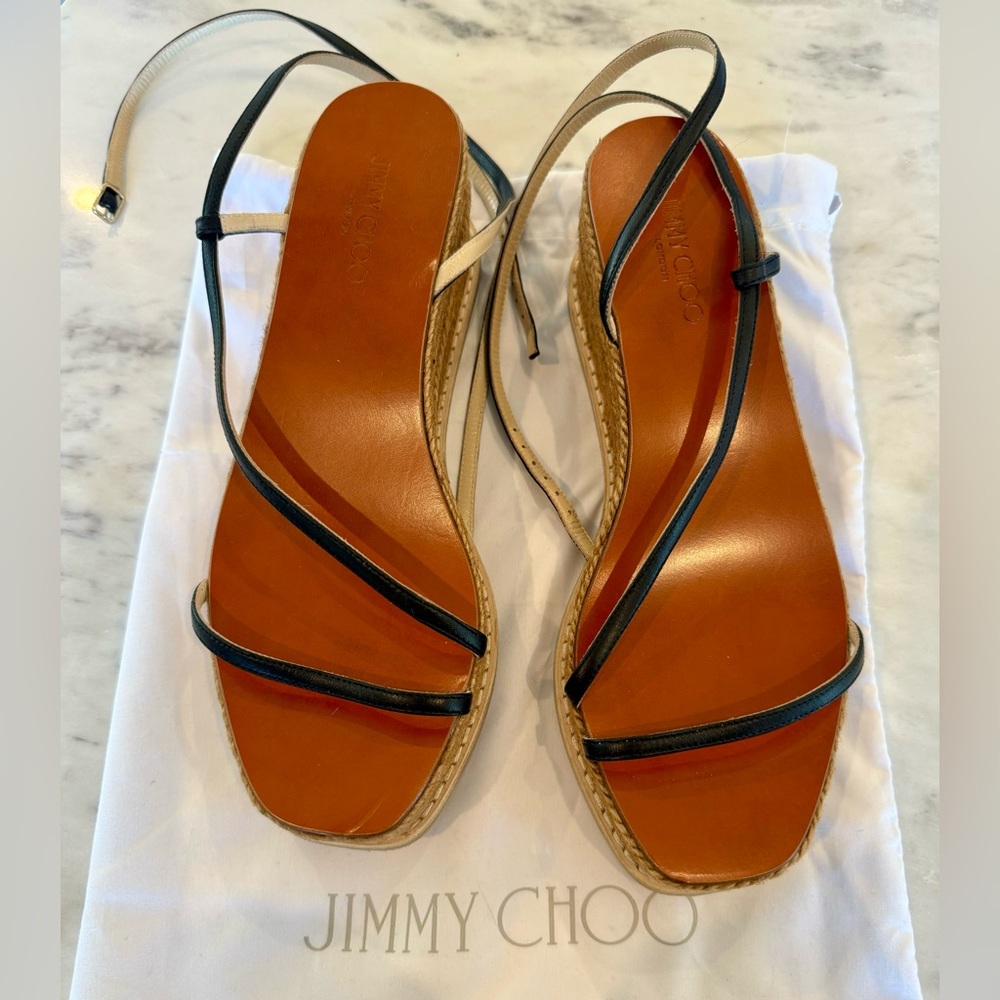 JIMMY CHOO Leather Espadrille Wedge Sandals Size 37.5